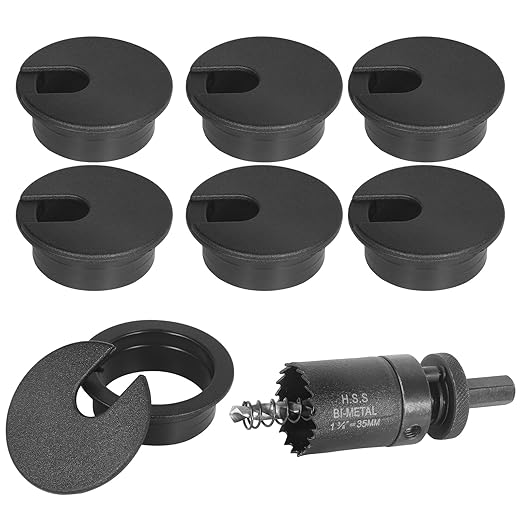 1-3/8" Black Desk Grommet with Bi-Metal Hole Saw, JTemgle Plastic Cable Hole Cover Computer Table Cord Wire Organizer Caps, Desktop Cord Management for Home Office TV Stands Tabletops, 7 Pieces