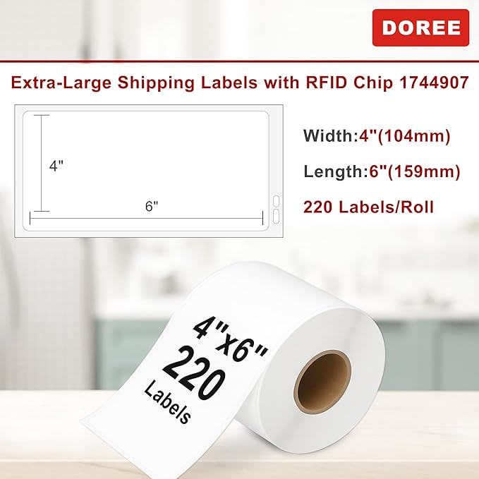 DOREE 4-Roll 4" x 6" Extra-Large Shipping Labels 1744907 with chip, Compatible with Dymo LW 5XL and 4XL Label Printers. (Thermal Shipping Labels, White,4-Rolls Total 880)