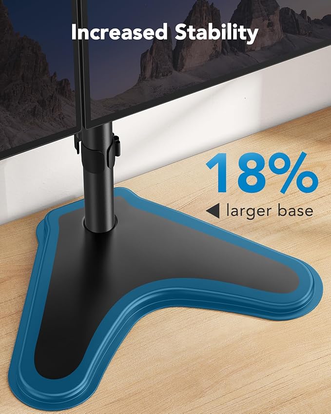 HUANUO 32 inches Dual Monitor Stand up to 17.6lbs per Arm, High-Grade Aluminum Free Standing Dual Monitors Mount for 2 Screens. Fully Adjustable Dual Monitor Stand for Desk with Tilt, Swivel, Rotation