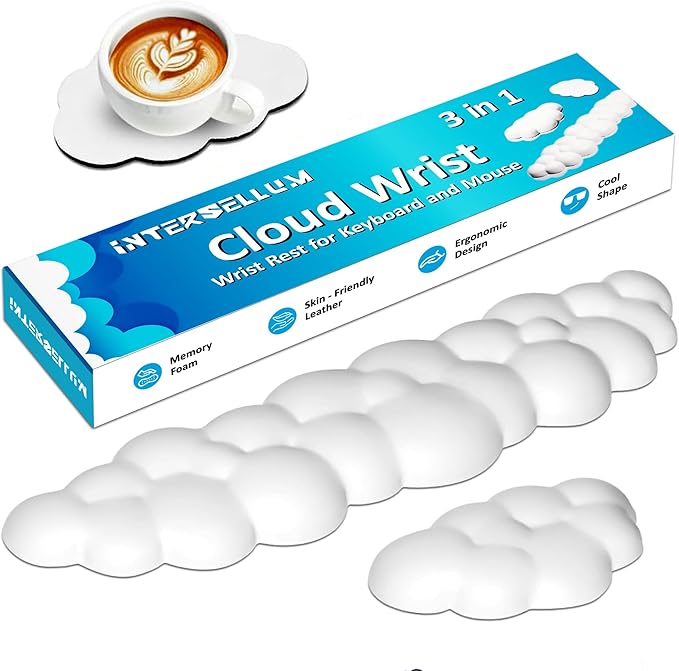 Cloud Keyboard Wrist Rest – Ergonomic Memory Foam Wrist Pad for Computer Keyboard, Comfortable Cloud Mouse Pad, Keyboard Wrist Rest and Cloud Coaster with Non-Slip Base