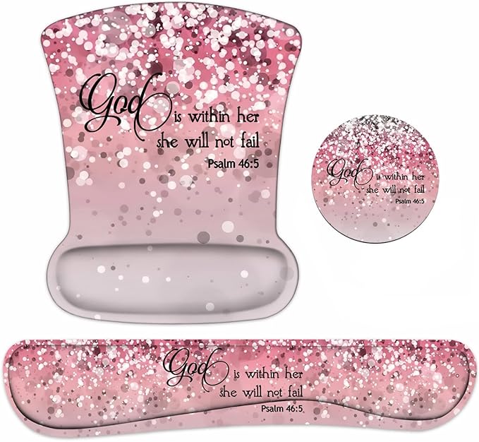 Keyboard Wrist Rest and Mouse Pad Wrist Support Set with Coasters, Bible Verses Psalm 46:5 with Non-Slip PU Base Ergonomic Gaming Mousepad for Computer Laptop Home Office Easy Typing & Pain Relief