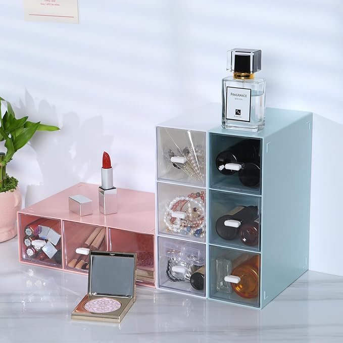 Desktop Drawers, Desk Organizer with 3 Drawers, Stackable Plastic Storage Box for Home Collection, Cosmetics, Office Supplies (1 Tall Layer, Blue)