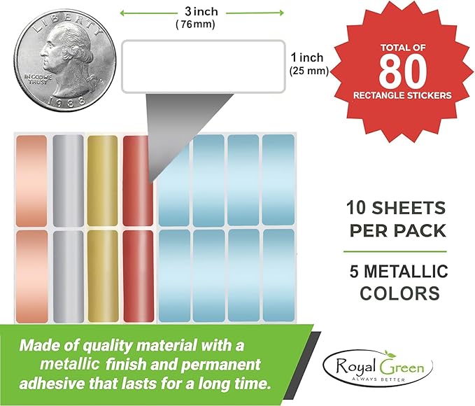 Metallic Sticker Labels 3x1 inch (75mm x 25mm) Rectangular Labeling Sticker Sheets in 5 Metallic Colors 80 - Pack by Royal Green