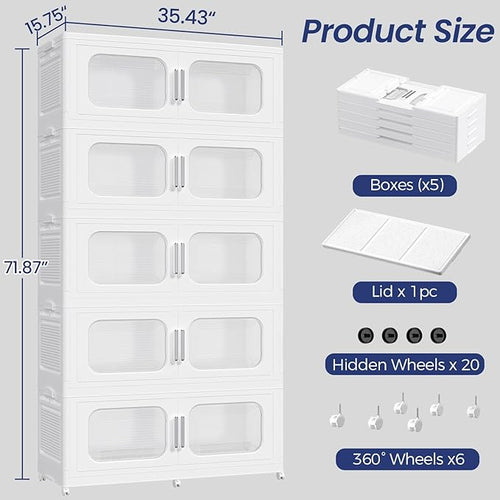 250GAL Extra Large Storage Bins with Lid, 1000QT Storage Bins with Wheels, Folding Closet Organizer, Stackable Collapsible Plastic Storage Containers for Home, Office, Kitchen, 5Pack White