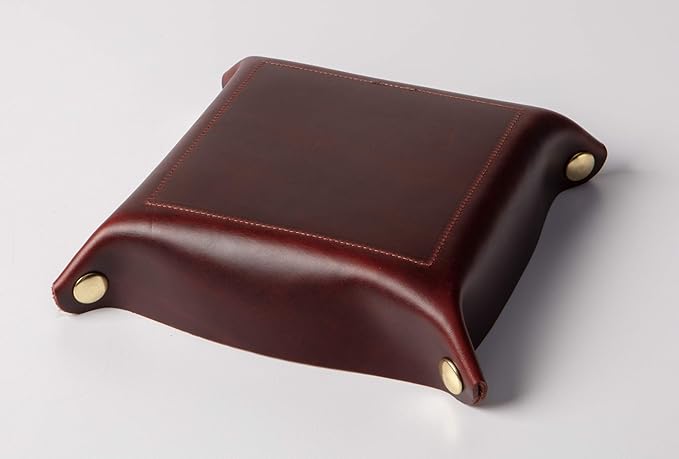 USA Handmade Premium Leather Valet Tray, Folds Flat! Dice Rolling Basket and Organizer with Brass Rivets (Burgundy, Medium)