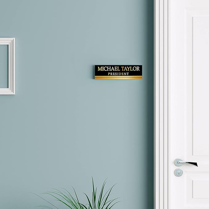 Artblox Personalized Office Desk Name Plate With Business Card Holder | Clear Acrylic Glass with Teak Wood Stand | Black Gold Stripe Design Customized with Your Name and Credentials Office Desk Décor