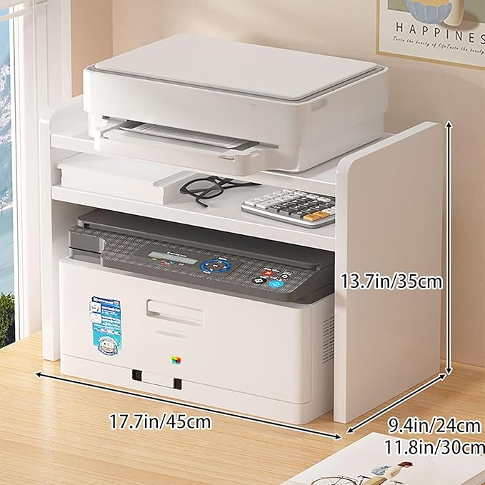 Desktop Storage Rack, Wooden Printer Stand with Compact Under Desk Shelf for Home Office Organization(Warm White,17.7 * 11.8 * 13.7in)