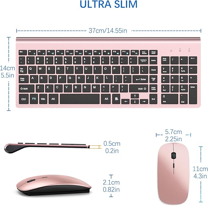 Wireless Keyboard and Mouse Ultra Slim Combo, TopMate 2.4G Silent Compact USB 2400DPI Mouse and Scissor Switch Keyboard Set with Cover, Batteries Included, for PC/Laptop/Windows/Mac - Rose Gold Black