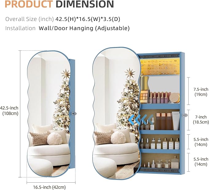 Lvifur Jewelry Armoires with LED Lights, Hanging Jewelry Storage Cabinet Lockable Wavy Mirror Jewelry Organizer, Lockable Frameless Mirror with Storage, LED Jewelry Cabinet Wall/Door Mounted(White)