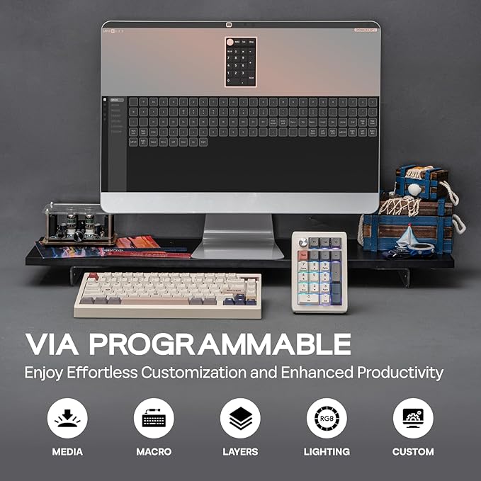 EPOMAKER EK21 VIA Gasket Number Pad with 1000mAh Battery, BT 5.0/2.4GHz/Wired Hot-Swap Numpad with Aluminum Alloy knob, Programmable for Win/Mac/Gaming (Retro White, Wisteria V2 Switch)