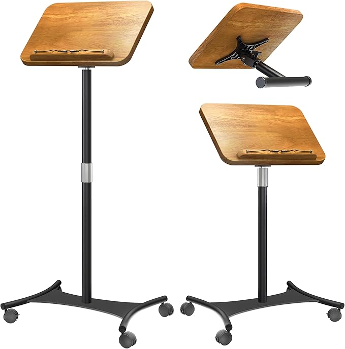 NAMON Rolling 2-in-1 Dual-use Floor & Desktop Book Stand, 100% Solid Wood, Height Adjustable from 16.5" to 51", with 4 Lockable Casters & Page Clip for Cookbooks, Sheet Music (with a T-Shaped)