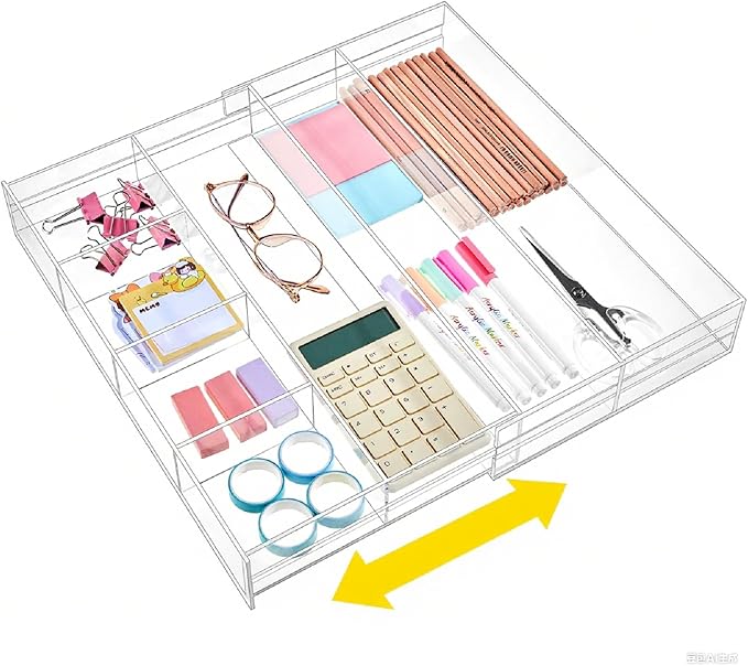 1 PC Acrylic Desk Drawer Organizer 2 Inch Height Expandable Drawer Organizer Trays with 8 Adjustable Compartments Desk Accessories for Makeup Silverware Office Bathroom(Clear,Stylish)
