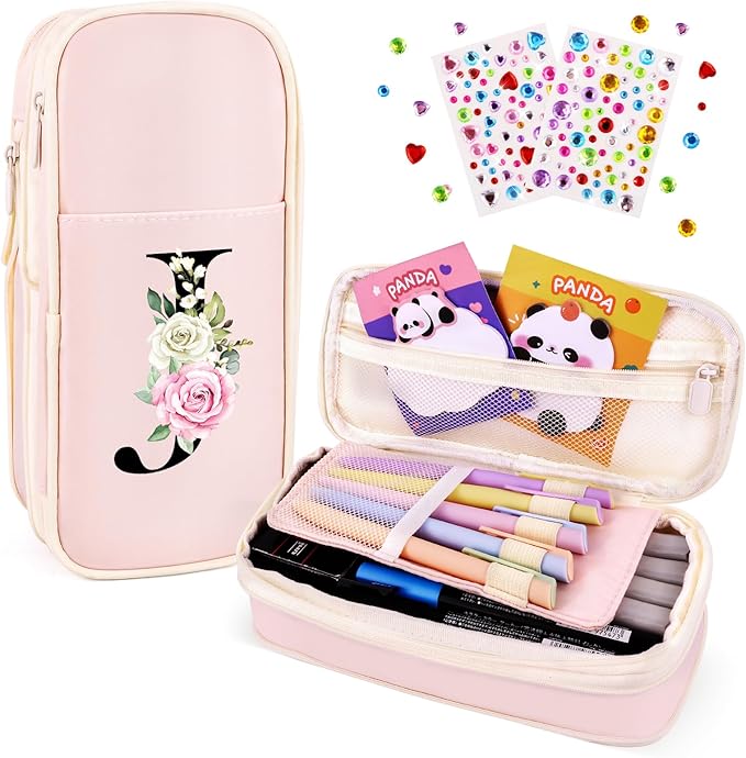 Preppy Pencil Case for Girls, Cute Large Pencil Pouch, Personalized Initial Pencil Bag with Zipper for School College Office Supplies, Back to School Supplies Gifts for Teen Girls (J, Pink)