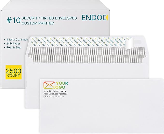 2500 pack #10 Customizable Business Envelopes, Peel and Seal Security Tinted White Custom Envelopes with Logo and Text, 24 lb Heavy Duty Paper, 4 1/8 x 9 1/2 Inches