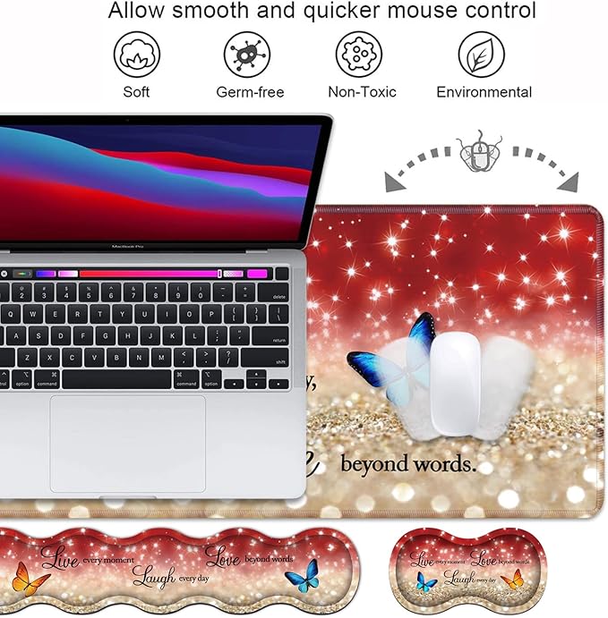 Ergonomic Keyboard Wrist Rest & Mouse Pad Wrist Rest Set,Large XXL Gaming Desk Mat 31.5"x 11.8",Non-Slip Base, Memory Foam,Easy Typing Pain Relief for Office & Home,Red Glitter Quote Live Laugh Love