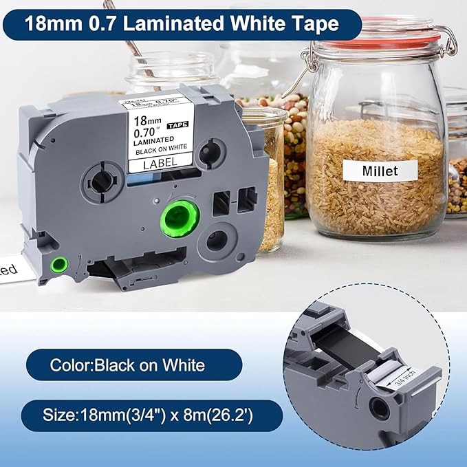 18mm 0.7 Laminated White Tape TZe-241 Compatible with Brother P Touch Label Maker PTD410 PT-D400 D610BT PT-D600 PT-2700 PT-1880, TZe Tz Tape 3/4 Inch, Black on White, 20 Pack