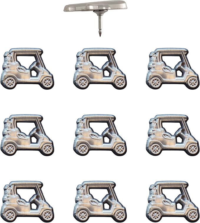 Golf Cart Push Pins - Silver Golf Cart Map Pins for Cork Boards, Maps, or Lapel Use - Designed in USA - Set of 10