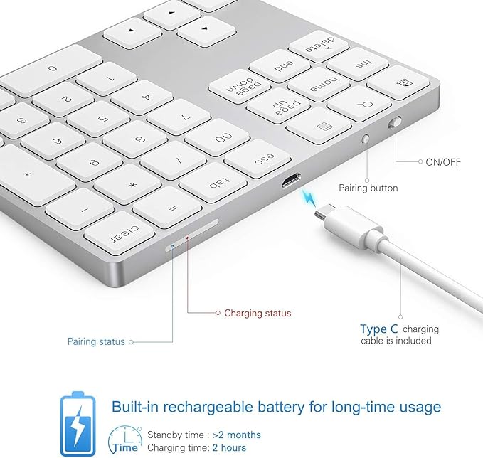 Lekvey Bluetooth Number Pad, Aluminum Rechargeable Wireless Numeric Keypad Slim 34-Keys External Numpad Keyboard Data Entry for Laptop, MacBook, MacBook Air/Pro, iMac, Windows, Surface Pro - Silver