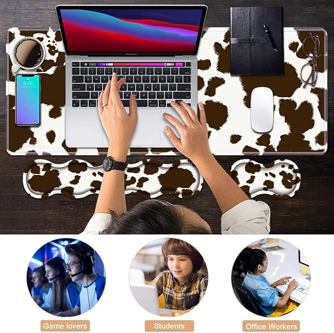 Ergonomic Keyboard Wrist Rest & Mouse Pad Wrist Rest Set, Large XXL Gaming Desk Mat 31.5"x 11.8" with Memory Foam, Easy Typing Pain Relief for Office & Home, Cow Print