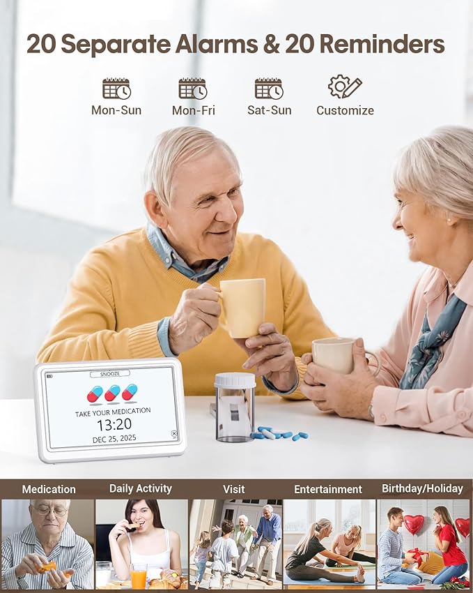 Digital Clock with Date and Day of Week, Dementia Clocks Battery Operated Alarm Clock with 20 Alarms and Medicine Reminders, 7" Large Display Rechargeable Desk Clock for Elderly Seniors Alzheimers