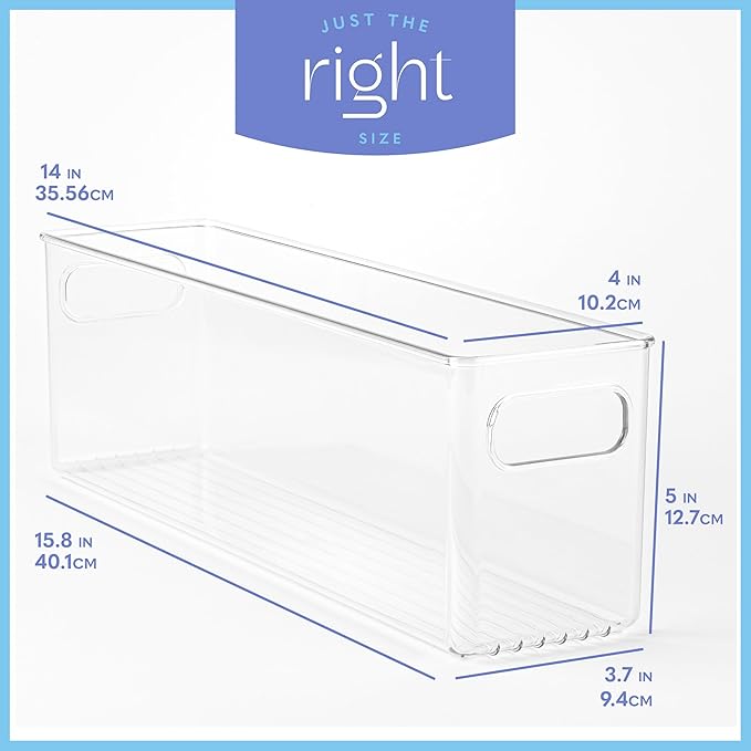 primebox Plastic Food Storage 6 Pack Clear Container Bin with Handles for Organizing Kitchen, Pantry, Refrigerator, Freezer, Pantry, Cabinet, Closet, Bathroom. 14”x4”x5”
