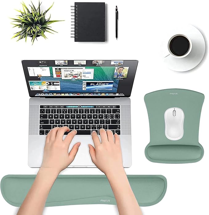 MOSISO Wrist Rest Support for Mouse Pad & Keyboard Set, Ergonomic Mousepad Non-Slip Base Home/Office Pain Relief & Easy Typing Cushion with Neoprene Cloth & Raised Memory Foam, Emerald Green