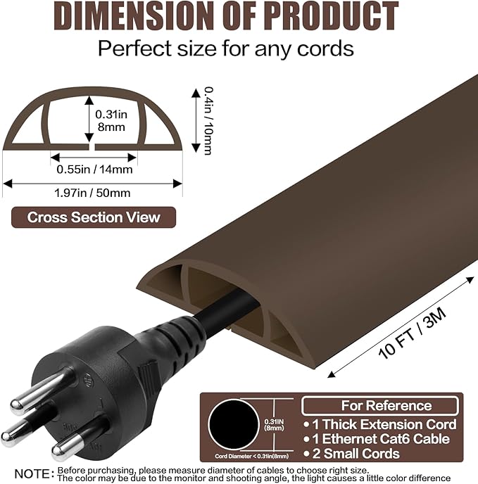 Floor Cord Cover Cable Cavity Self Adhesive Cord Hider Floor 10FT Floor Cable Management Power Cord Protector Floor Electric Cord Covers for Offices, Gym, Exhibitions (CoffeeBrown, 1.97" x 10')