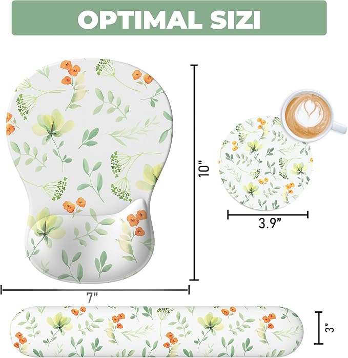 Mouse Pad with Wrist Rest, 3-in-1 Premium Lycra Fabric Memory Foam Ergonomic Wrist Support for Keyboard, Laptop & Desktop, Pain Relief Mousepad with Non-Slip PU Base for Office & Home (Elegant Flower)