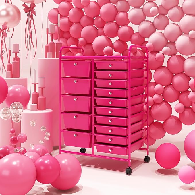 ARLIME 15-Drawer Storage Cart, 15 Drawer Trolley, Rolling Organizer Cart, Scrapbook Paper Organizer, Suitable for Office and School, Rolling Office Storage Tools (Hot Pink)