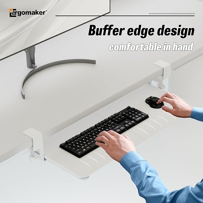 Keyboard Tray Under Desk, Pull Out Keyboard Tray with C Clamp Mount, 25.6" (29.7" Including Clamps) x 11.8" Slide-Out Platform Computer Drawer for Typing, Keyboard & Mouse Tray, White