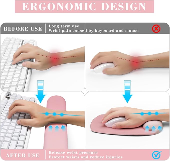 Wrist Rest Support for Mouse Pad and Keyboard Set, Ergonomic Gel Computer Keyboard Wrist Rest with Memory Foam for Long Hours of Work, Gaming, Studying-Relieve Wrist Pain (Pink)