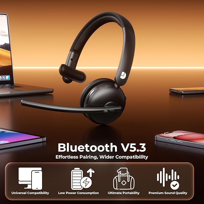 Dytole Wireless Headset with Mic for Work, Bluetooth Headset with Mic, AI Noise Cancelling, 65H Battery & Mute Function, Single-Ear Wireless Headset & USB Dongle, Fit for PC/Laptop/Teams/Call Center