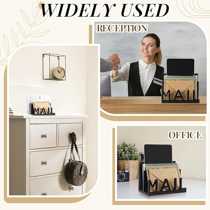 2 Slot Mail Organizer Holder Countertop Wooden Mail Black Letter Holder with Cutout Lettering Design for Office Desktop Envelope and Document Storage Rack