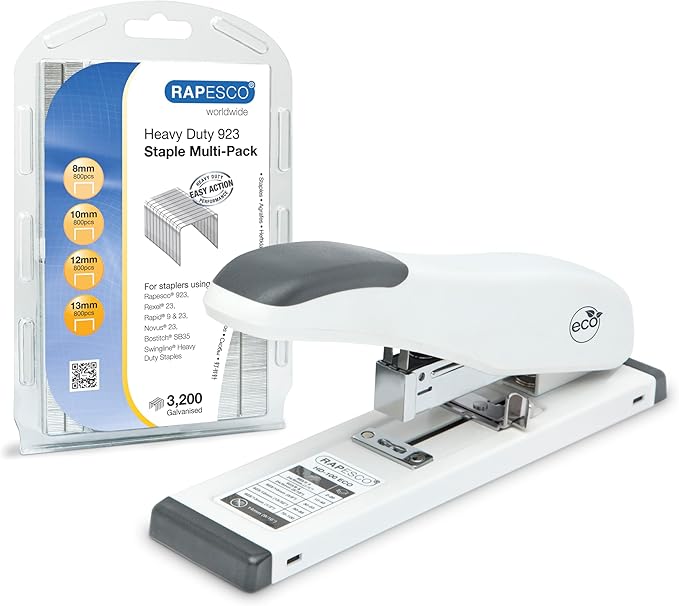 Rapesco 1461 ECO Heavy-Duty Stapler with 3200 Assorted Staples, Type 923 Heavy-Duty Staples (8/10/12/13mm), 100 Sheet Capacity, for Office, Business Proposals, School, Research Papers, White