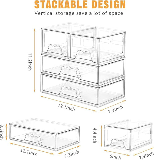 4 Pack Stackable Storage Drawers Clear Acrylic Organizer Bathroom Makeup Organizer and Storage for Beauty Supplies,Ideal for Vanity, Bathroom,Cabinet,Pantry Organization