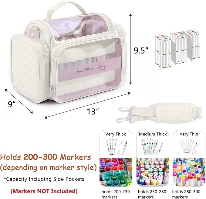 Marker Organizer Case Bag for 200-300 Markers – Large Art Supply Storage Bag with Detachable Dividers, Travel Marker Holder for Alcohol Markers, Brush Pens, Colored Pencils & Craft Supplies