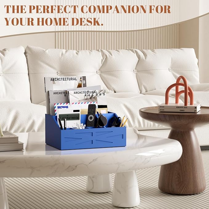 Wood Mail Organizer Countertop,Farmhouse Desk and Kitchen Countertop Storage, Letter Sorter, Desk Mail and Bill Organizer, Desktop File and Paper Holder (Blue)