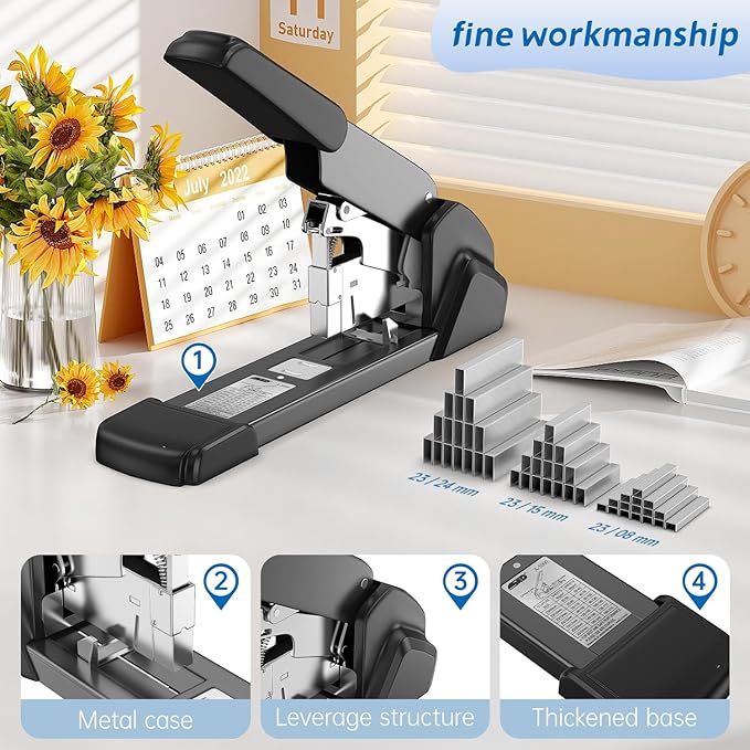 New 240 Sheet Capacity Ergonomic Labor-Saving Heavy Duty Stapler, Metal Manual Stapler with 3000 Staples (23/08mm, 23/15mm, 23/24mm), High Capacity Anti-Jam, Suitable for Office, Home, Black