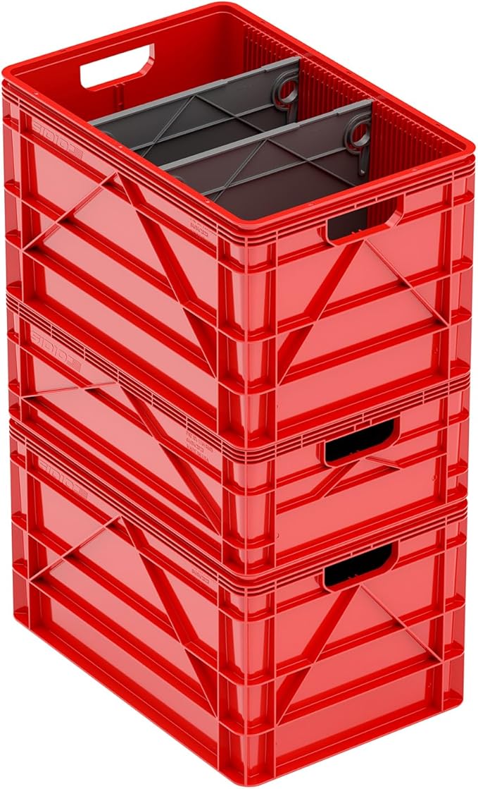SIDIO CRATE Basic Pack - Two Full Size and One Half Size SidioCrate, Stackable Outdoor Organizer Storage Bins with Dividers - Red