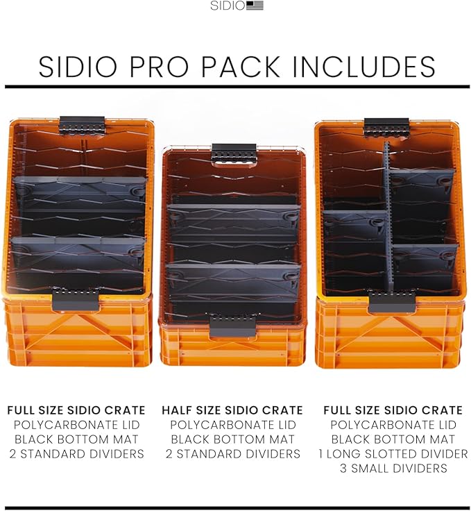 SIDIO Crate Pro Pack - 2 Full-Size & 1 Half-Size Heavy Duty Stackable Storage Bins, Totes and Containers with Lids and Dividers - Durable Plastic Organizer for Home, Office, Garage, and Outdoor Use