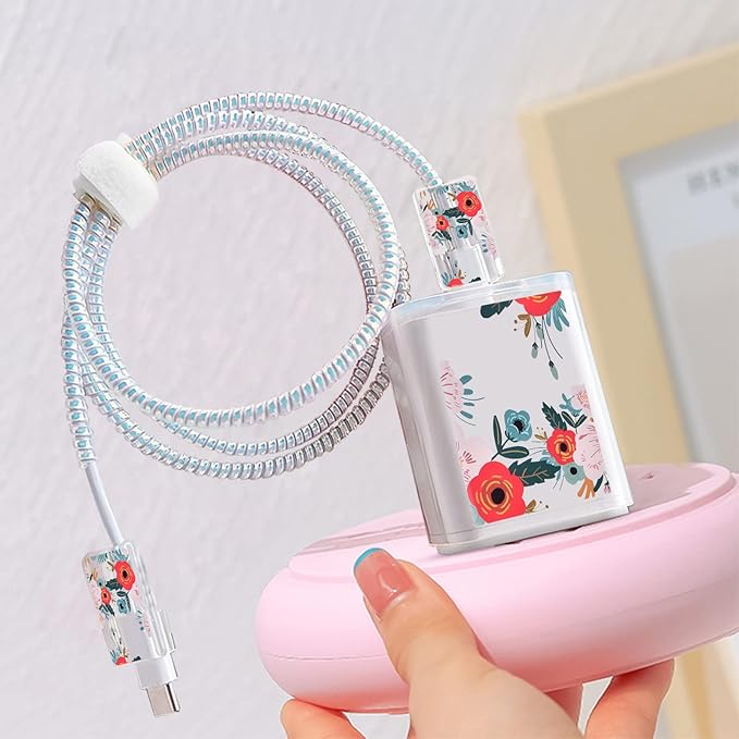 Cute Flowers DIY Protectors Cable Protector for iPhone Charger,Red Roses Pattern,Data Cable Charger Data Line Earphone Wire Saver for iPhone X 14 13 12 11 Pro Max