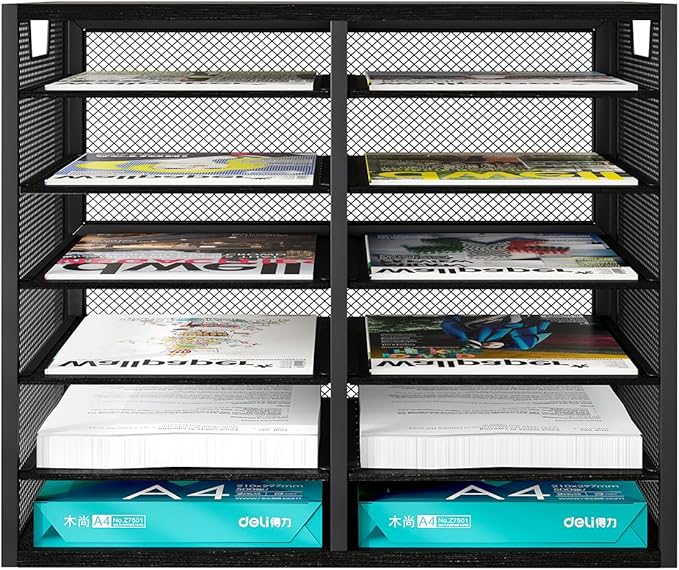 PAG Mass Mail Holder, Adjustable Countertop Literature Organizer, Student Mailbox, Desktop Bill Paper Organizer, 12 Compartments, Black