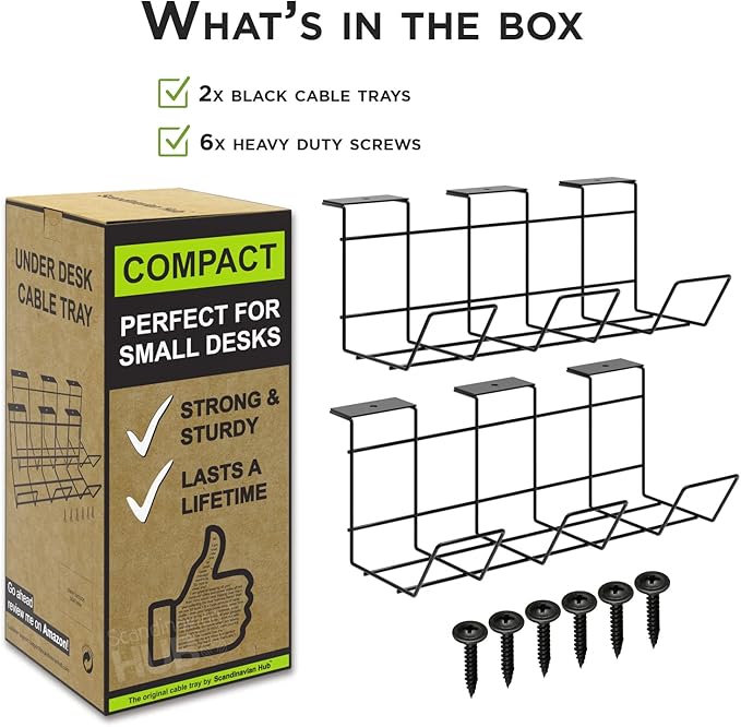 Compact Under Desk Cable Management Tray - Cable Organizer for Wire Management, Desk Wire Organizer, Cable Tray - Black Set of 2x12