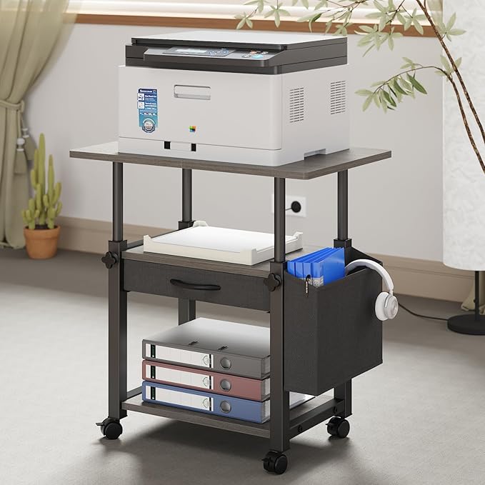 YAOHUOO 22"x15" Large Printer Stand with Drawer and-side Bag, Adjustable 3-Tier Printer Cart for Home Office, Rolling Printer Stand Fit Heat Press/Laser/3D Printer (Grey)