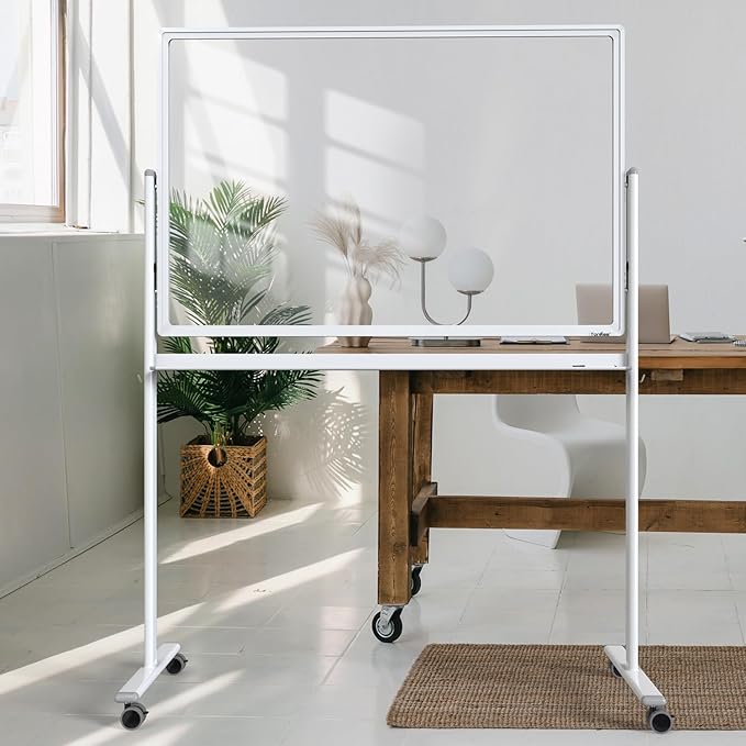 Mobile Clear Glass Whiteboard, 48 x 32 Inches Standing White Board on Wheels, Large Rolling Dry Erase Board with Stand, Transparent Tempered Glass Board for Office Home School, with Chart Paper