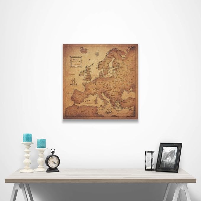 Conquest Maps Push Pin Europe Map Board - With Push Pins to Mark Europe Travel - Handmade in Ohio, USA - Design: Golden Aged