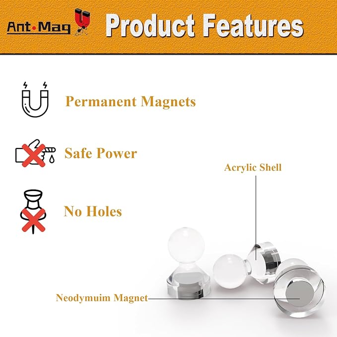 Ant Mag Magnetic Push Pins, 72 Pack Strong Whiteboard Magnets for Fridge, Maps, Office, Kitchen & Classroom White