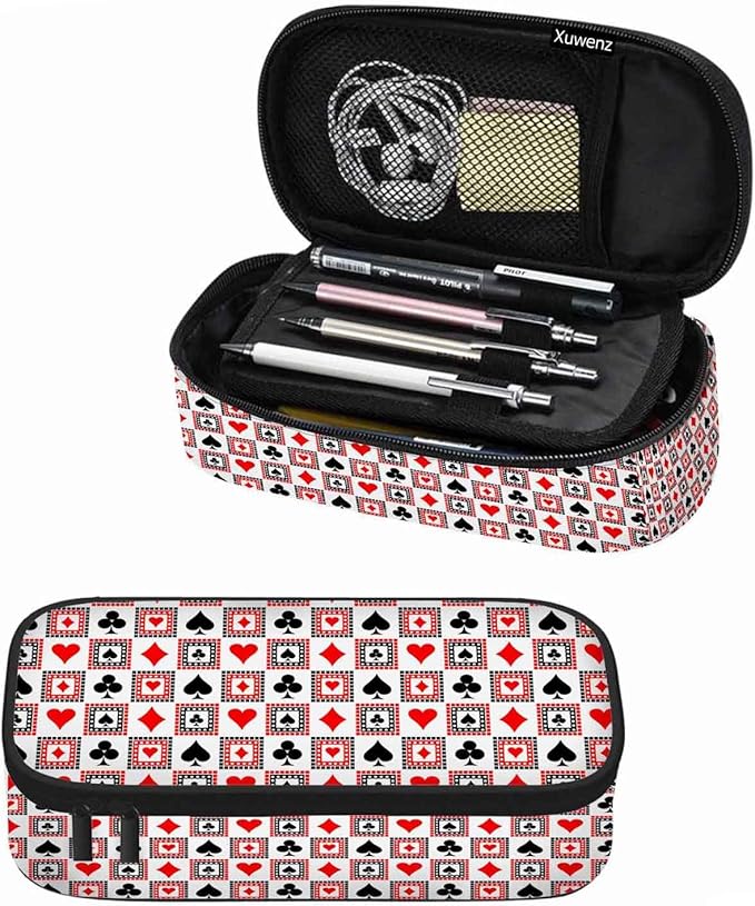 Playing Cards Pencil Holder Bag Bright Red Black White Symmetrical Geometric Pencil Case College Office Organizer for Students Boy Girl Teens Adults