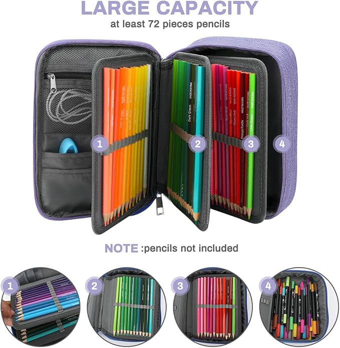 Large Capacity Pencil Case, 72 Slots Colored Pencil Pouch Bag Portable Pencil Holder Stationery Organizer with Compartments for Office and Travel, Purple