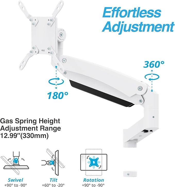 AVLT 57 Inch Heavy Duty Pole Top Mount Monitor Arm Series – Dual & Single Add-On Kits, Height Adjustable, VESA Compatible (White, Add-On Monitor Arm)